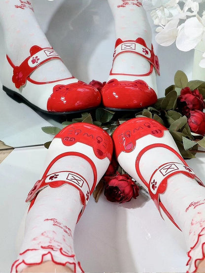 with Lolita Cat Toe Velcro Round Paw Design Ear Stitching Sweet Red Flats