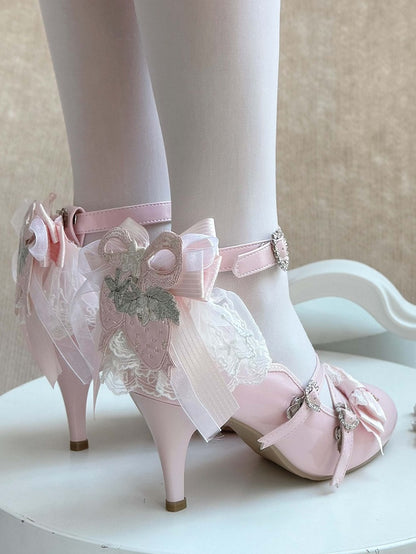 Leichte, elegante Lolita-Absätze aus Leder mit rosa Schleifen aus PU
