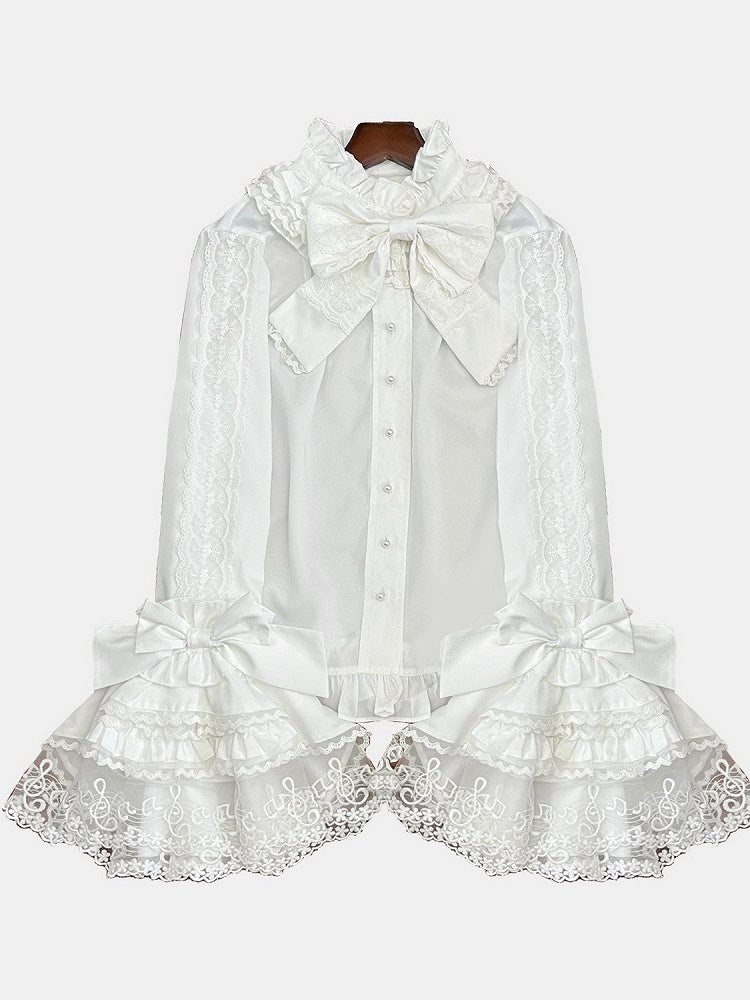 White Bell Sleeves Lace Elegant Lolita Blouse with Bow Tie - NnSTAR