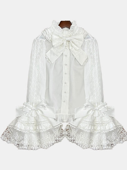 White Bell Sleeves Lace Elegant Lolita Blouse with Bow Tie - NnSTAR
