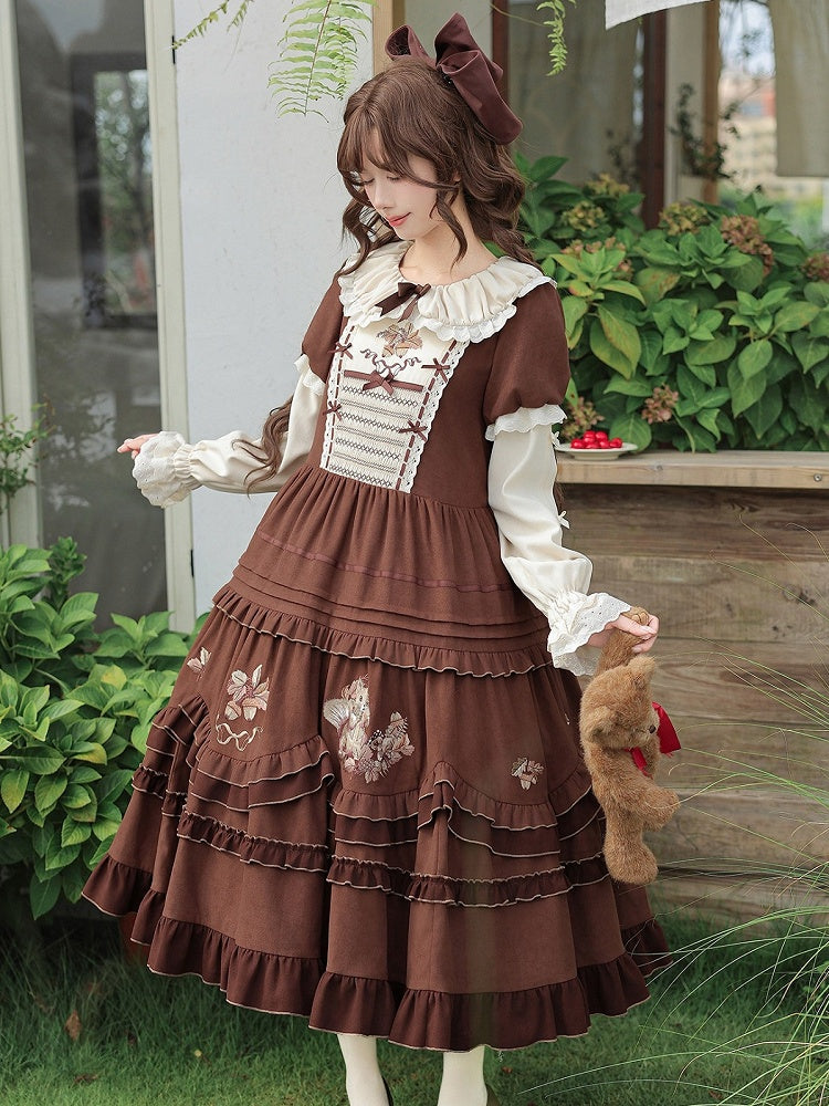 Brown Acorn & Squirrel Embroidered Lolita OP Dress with Peter Pan Collar, Ruffles, Belt, Brooch & Bow Hairclip - With PUJI