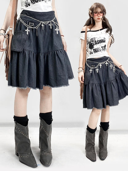 Saum Roh Bittersüß Verziert Grau Detail Dunkle Tasche Rock