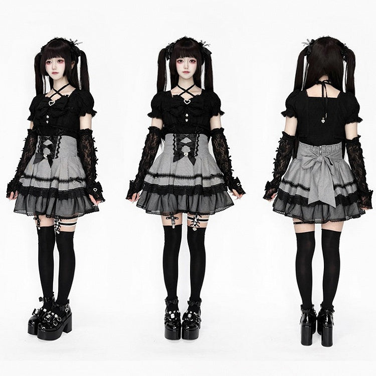 Double-Layer Black Kei Jirai Bow Houndstooth Decoration White Rhinestone Lace with Skirt Detail High-Waisted Tulle