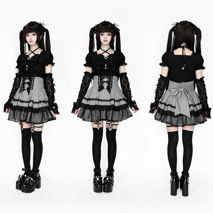 Double-Layer Black Kei Jirai Bow Houndstooth Decoration White Rhinestone Lace with Skirt Detail High-Waisted Tulle