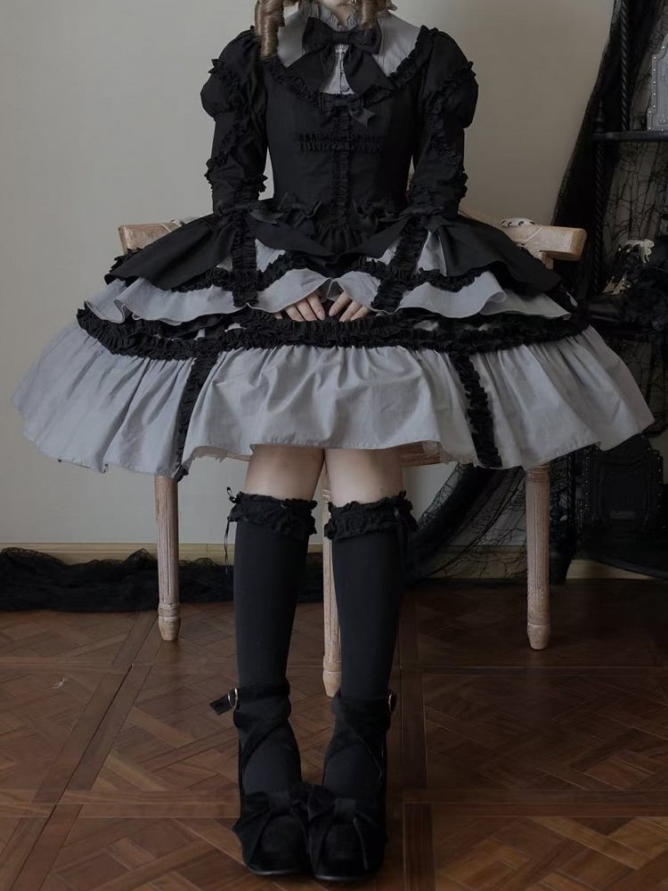 Lolita Gray Sleeves with Bell Black Dress Ruffled Gothic