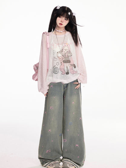 デザインカラーブロックカバーアップ ブルー/ピンク ラウンドネック 漫画ガールプリント セミシアー