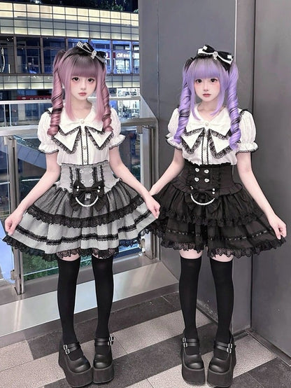 Black White Jirai Kei Sailor Collar Blouse with Lace Detail - Puppet Bombs