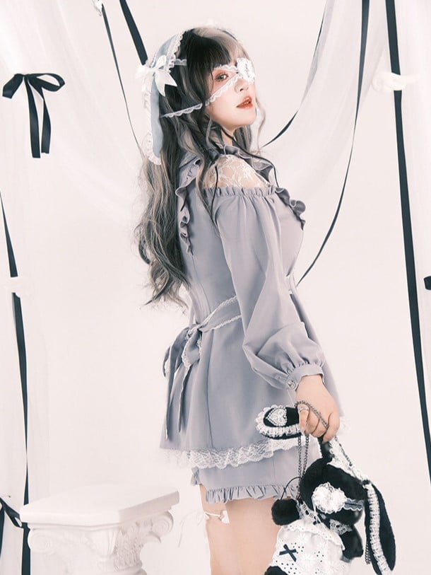 Set: Size Top Blue Elastic Jirai Light Kei Waist Cutout Plus Shorts Shoulder