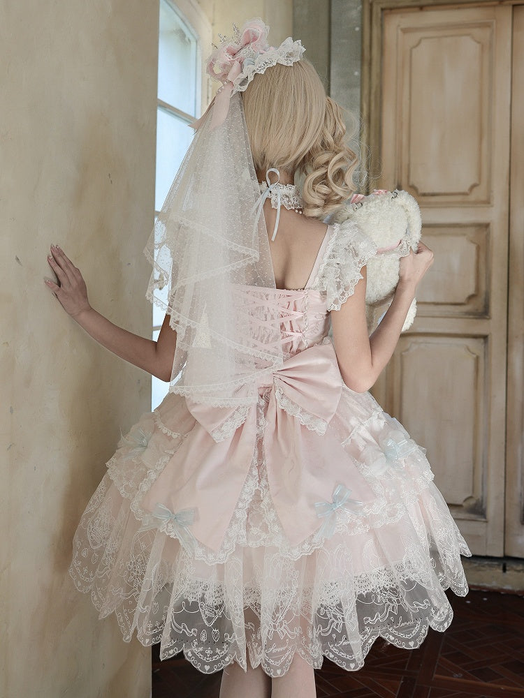 Pink Multi-Layer Lace Trim Lolita JSK with Bow and Bead Chain Decorations - White Sugar Girl