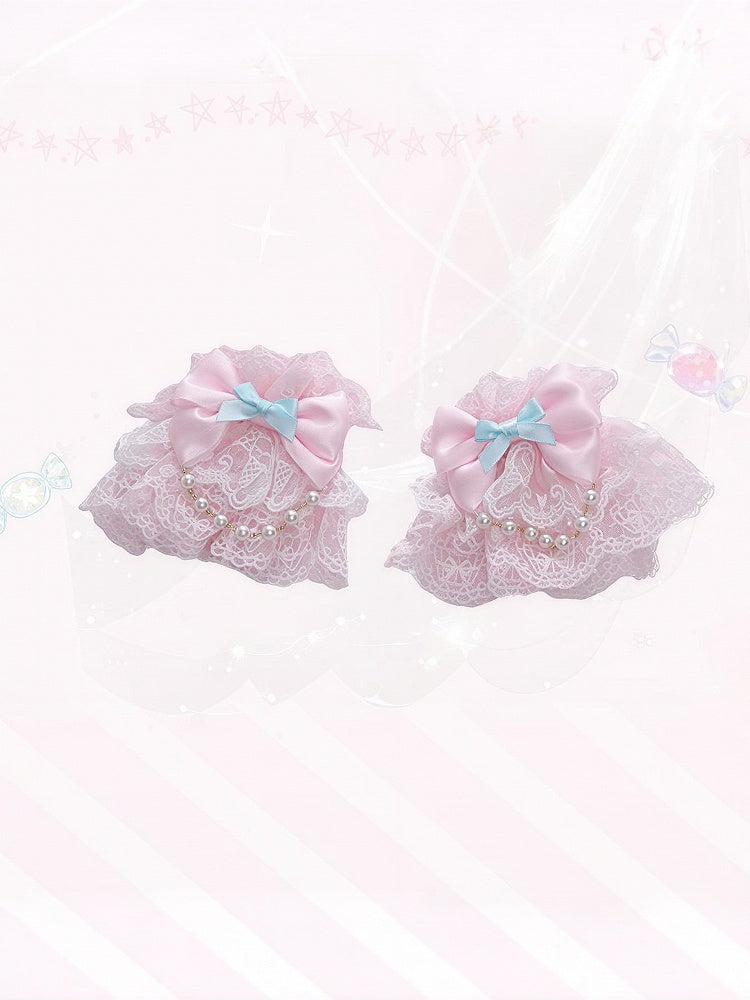 Pink Lace Sweet Lolita Wrist Cuffs with Bow and Bead Chains - Meng Fu Zi