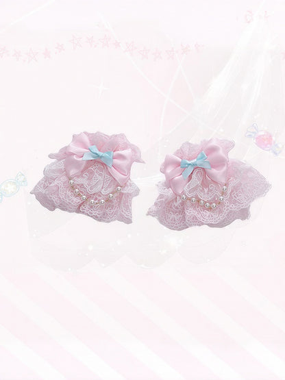 Pink Lace Sweet Lolita Wrist Cuffs with Bow and Bead Chains - Meng Fu Zi