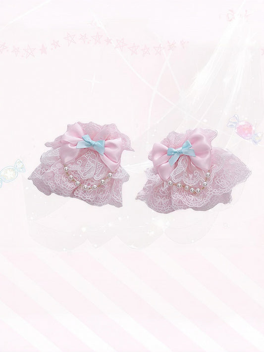 Pink Lace Sweet Lolita Wrist Cuffs with Bow and Bead Chains - Meng Fu Zi