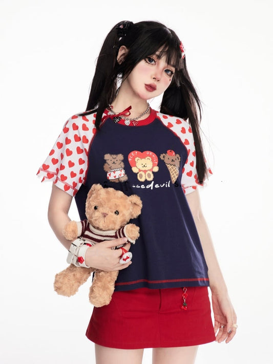 パターン ネイビーブルー カラーブロック デザイン テディベア プリント Tシャツ ハート