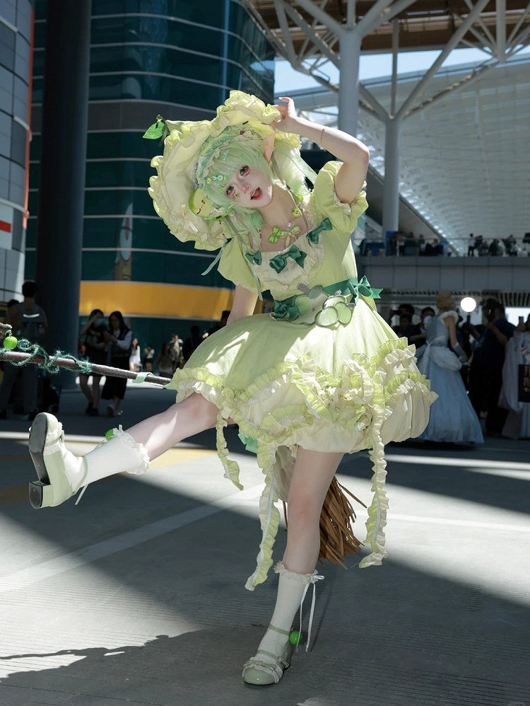Green Ruffled Sweet Lolita Fluffy OP Dress Full Set
