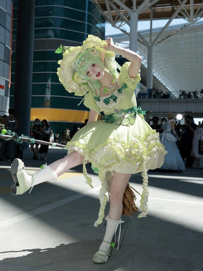 Green Ruffled Sweet Lolita Fluffy OP Dress Full Set
