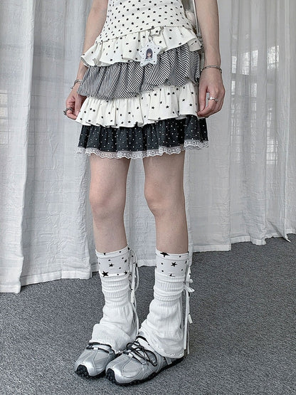 White Layered Ruffle Star Polka Dot Stripe Skirt - Solkatt