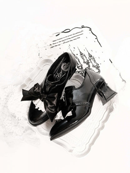 Polished Black Gothic Bowknot 5.5cm Heels Cross Lace - EvilStar