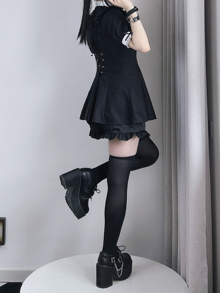 Short Big Jirai Kei Black Detachable Set Sleeves Mini and Jabot Collar Bow Dress+Shorts