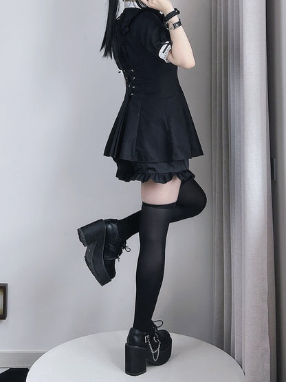 Short Big Jirai Kei Black Detachable Set Sleeves Mini and Jabot Collar Bow Dress+Shorts