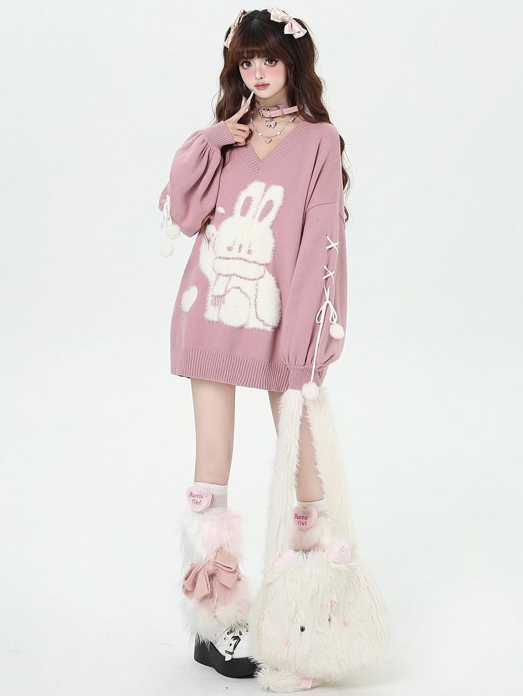 Bunny Pink Detail Sweater V-neck Sleeves Plush Cute Loose Lace-up at with