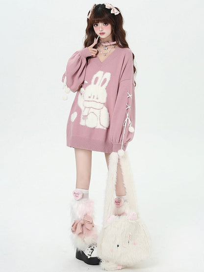 Bunny Pink Detail Sweater V-neck Sleeves Plush Cute Loose Lace-up at with