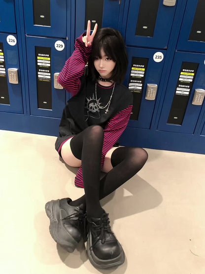 Red Top Y2K Color Print Striped Block Black Skeleton with