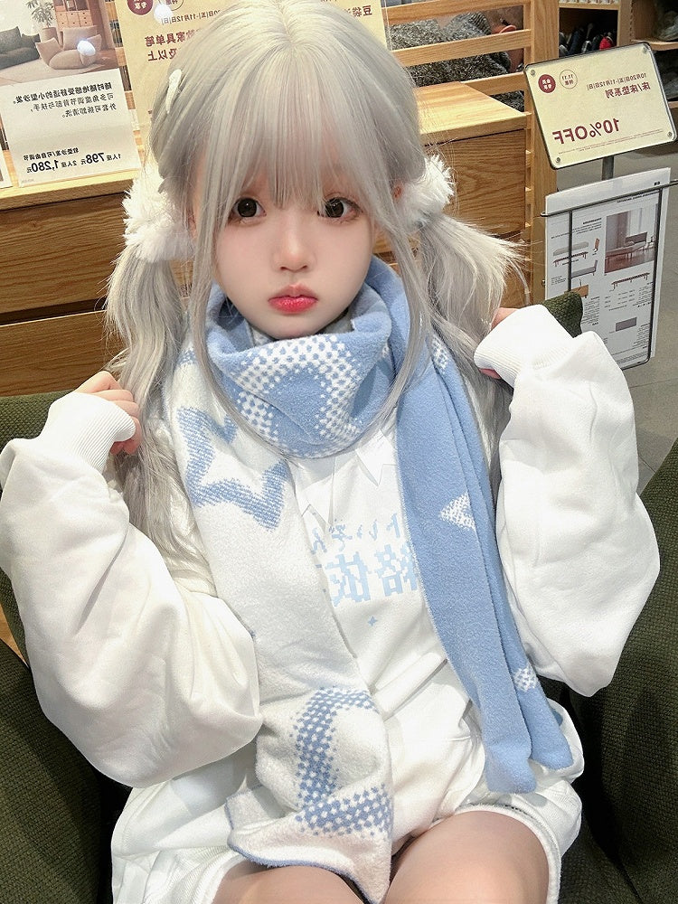 White-Blue Reversible Scarf with Star & Heart Knit - Alita26SS