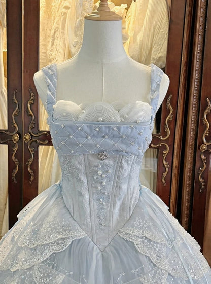 Blue Corset Waist Pearl Sequins JSK Dress Scalloped Hem - Iris fleur