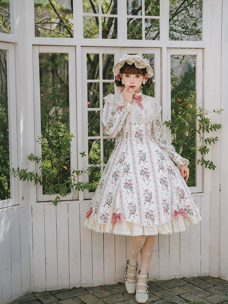 Beige Floral Print Refined Lolita OP Dress with Bow & Lace Accents - Miss Cube Dressworks