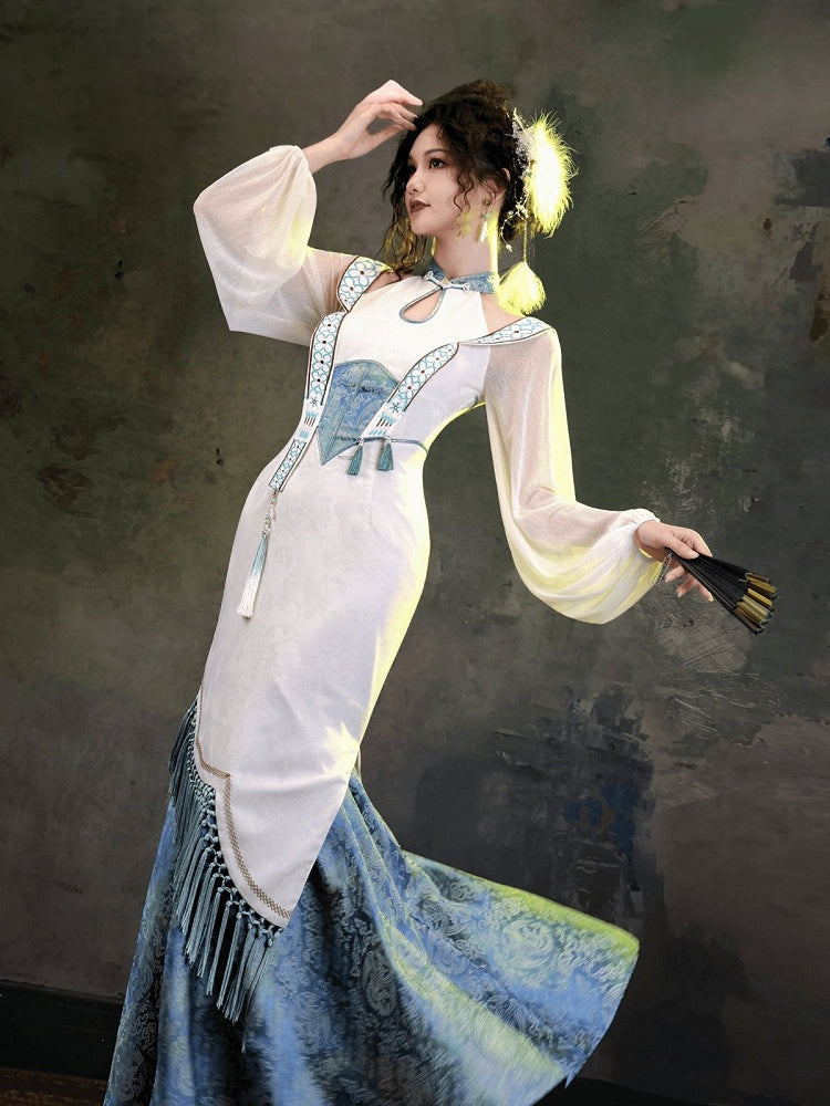 Elegant Blue & White Jacquard Long Cheongsam Gown with Cutout Accents - sijinstudio