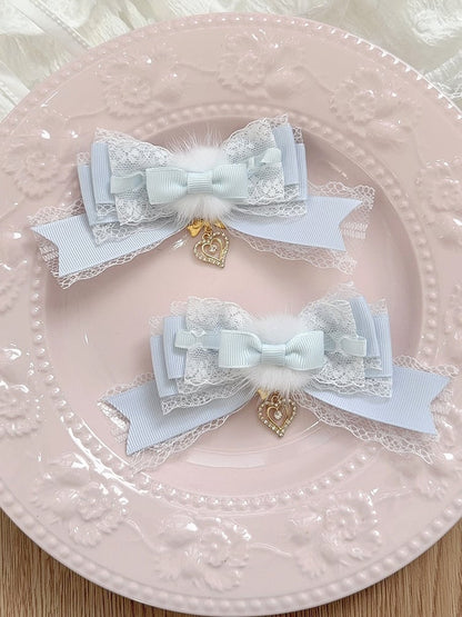 Heart Jirai Charm Colors Bow Hair 6 Furry Clip with Multi-Layered Lace Kei