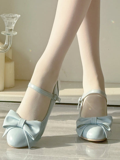 Blue Mid Block Heel Mary Janes in Classic Lolita with Bow at Top & Round Buckle