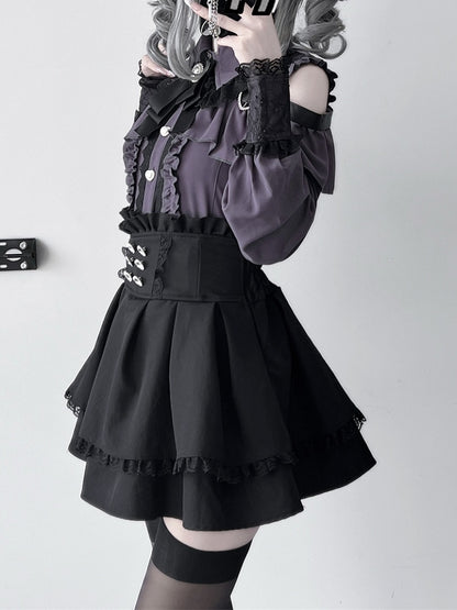 Purple Shoulder with Blouse: Dark Buckle Long Button Kei Heart Sleeve Jirai Front Cutout