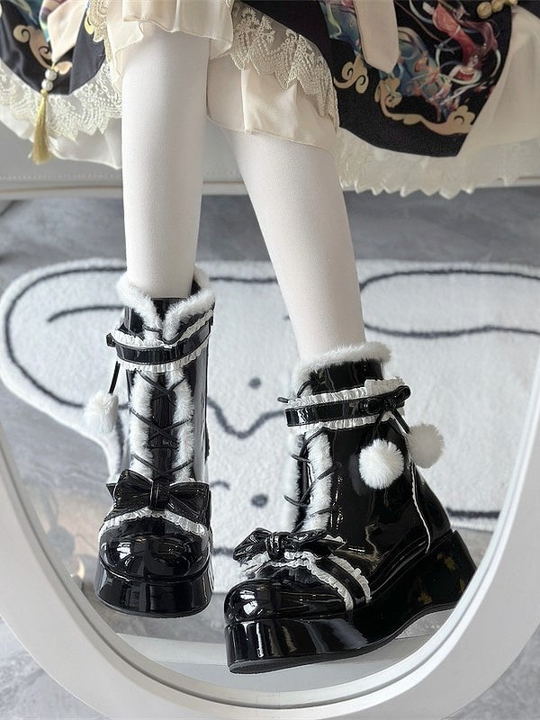 PU Sweet Lolita Black Platform Winter Boots with Bow & Pom-Pom Decor, Size 35 - Jiang Jiang Little Cookies