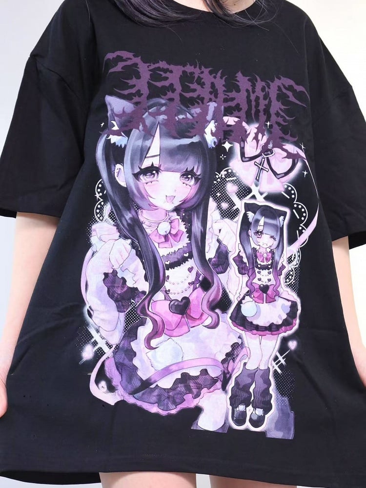 Jirai Oversized Kei Print Mädchen Schwarzer Hals T-Shirt Runder Cartoon