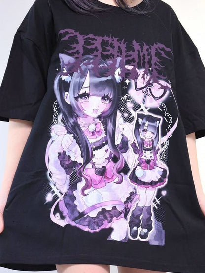 ジライ オーバーサイズ ケイ プリント ガール ブラック ネック Tシャツ ラウンド カートゥーン