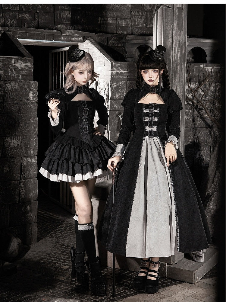 Gothic Lace-Up Lolita OP Gown with Metal Buckle, Short Version and Mini Hat Set - With PUJI