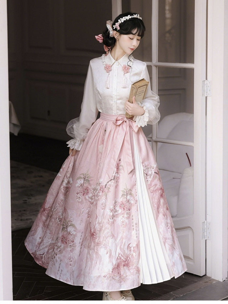 Pink and White Chinese-Style Long-Sleeved Top Set with Floral Print Skirt and Lace-Trimmed Chiffon Cape - Han Ru Chu Hanfu &amp; Han-Element Studi