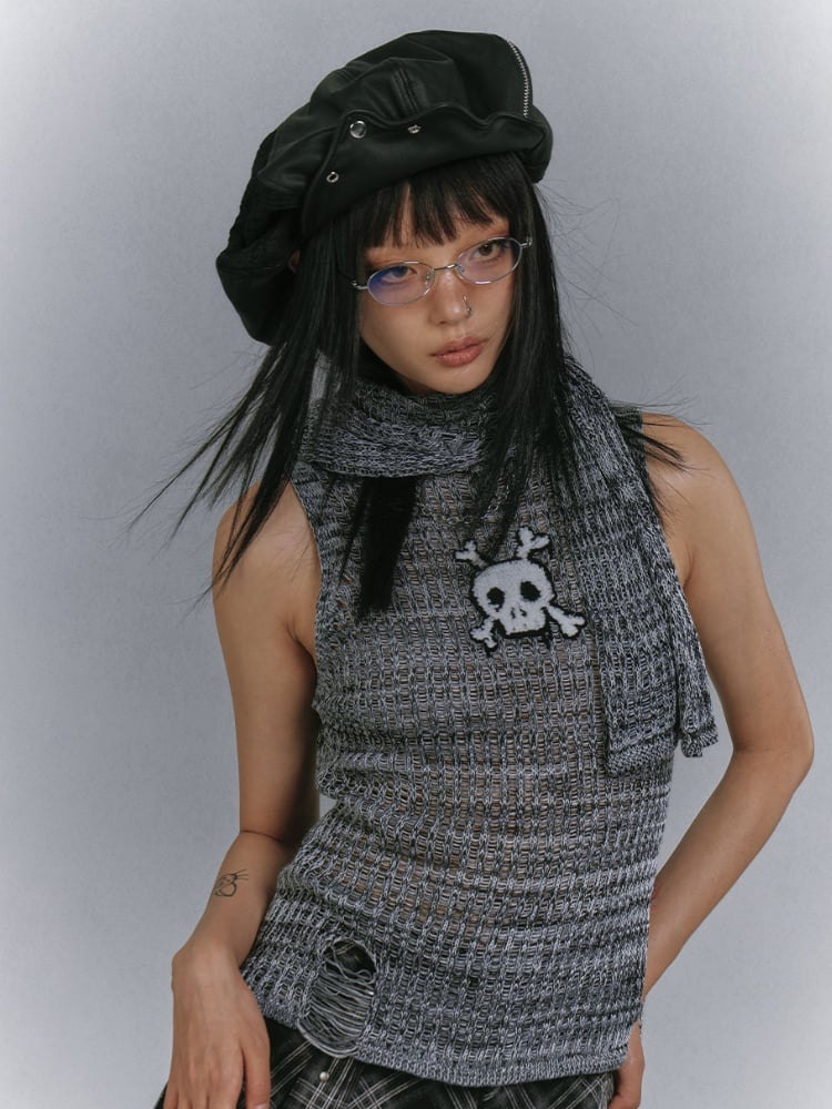 Set Y2K Gray Skeleton Distressed Tank Top with Cardigan Glamorous Holes Pattern