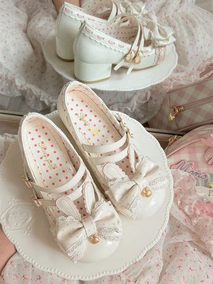 PU Bow White Heeled Lolita Bunny 4.2cm Shoes Sweet Decor in Strawberry - Buckle