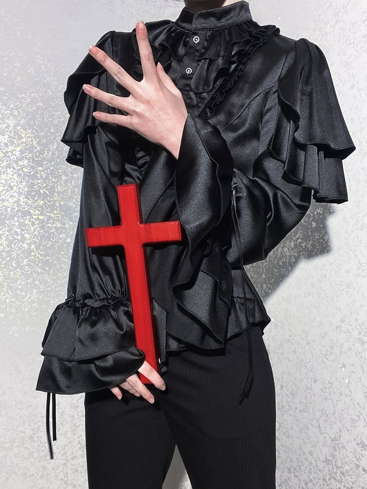 Black Shoulder Ruffle Panels Lolita Blouse with Aristocrat Cascading Ouji