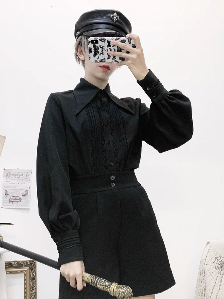 プリンス レース スリーブ 4 とロングディテール フォールドオーバー プリーツオプション カラーシャツ カラーポイント