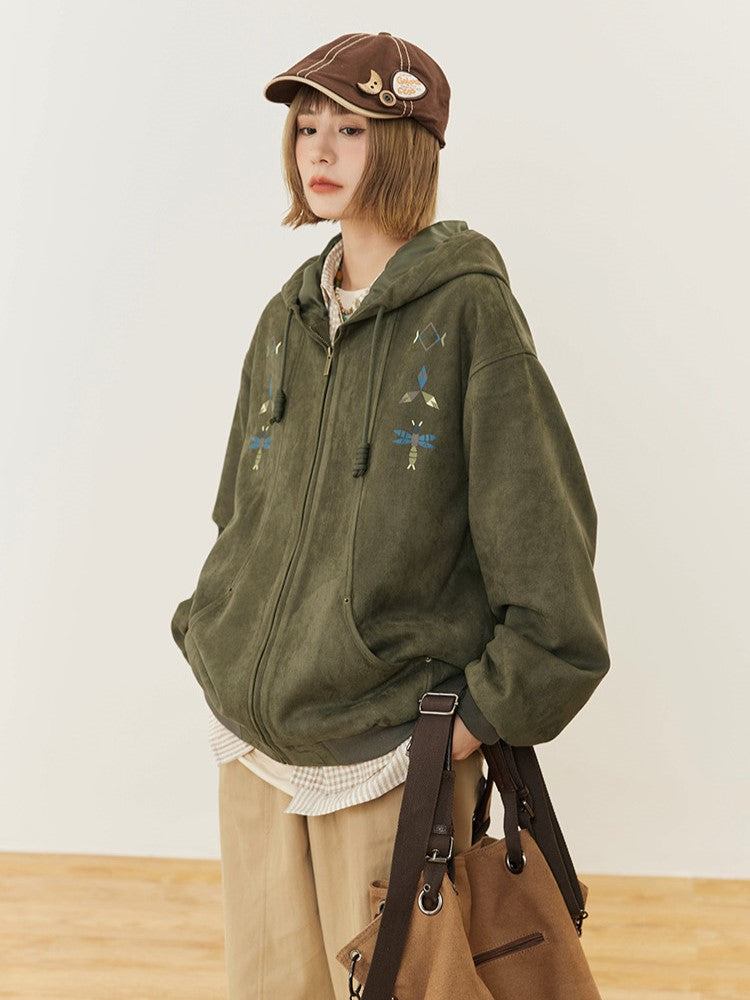 Ribbed Trim with Green Hood Vintage Print Hoodie Drawstring