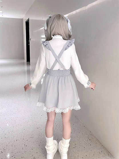 Dekoratives staubiges Kleid und Schnallen Perlenknöpfe Kei Flatterherz Jirai Overall blaue Ärmel mit