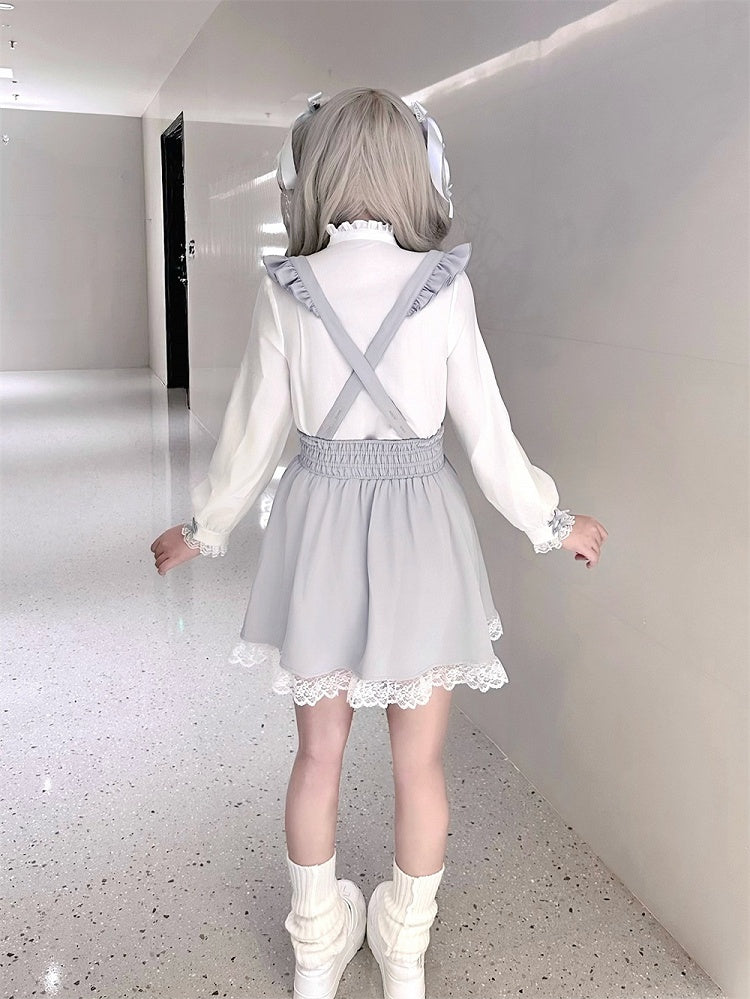 Kei and Decorative Beaded Dress Buckles Jirai Heart Buttons with Dusty Overall Sleeve Flutter Blue