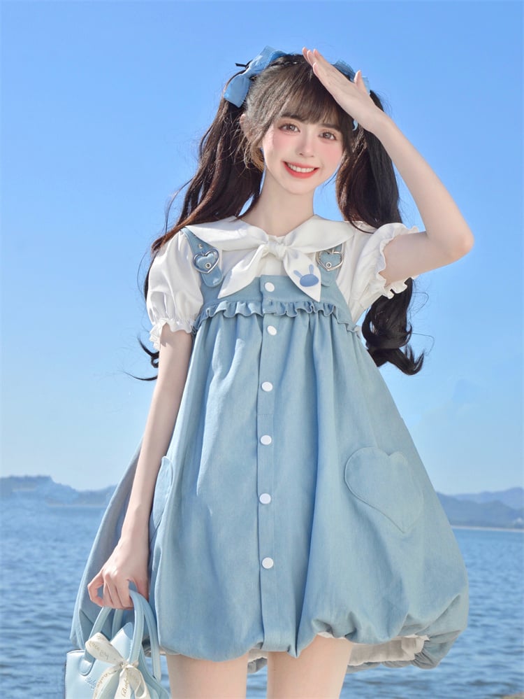 Blue Heart Buckle and Pocket Bunny Tail Detail  Bubble Skirt Overalls