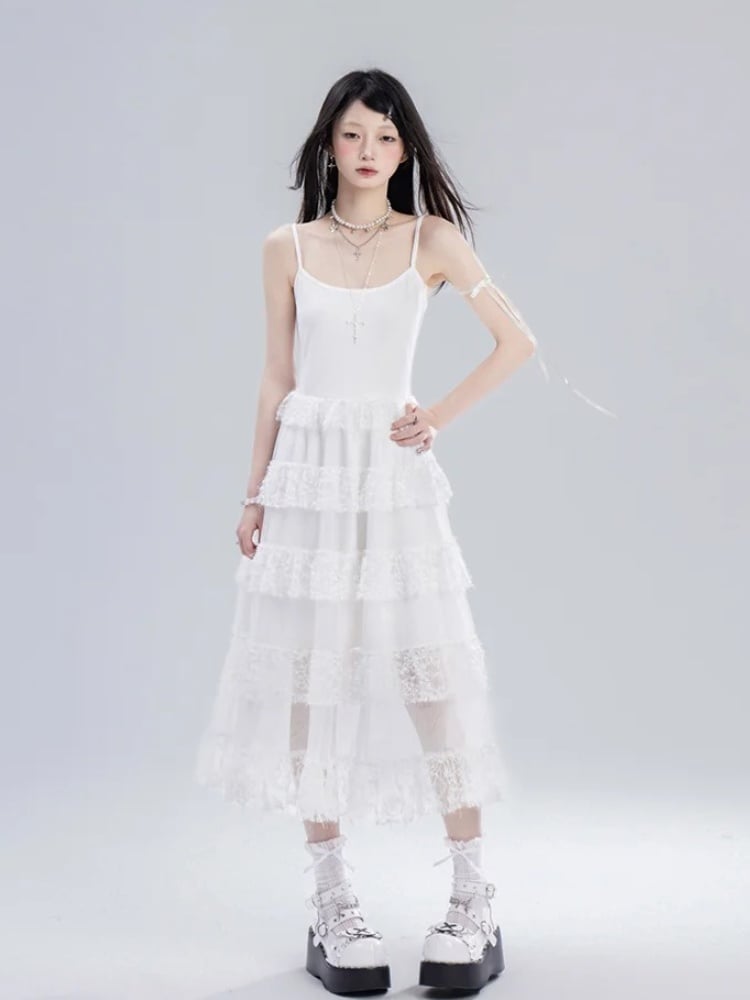 Rock Cami Kleid Taille Kette Süße Weiße Spitze Tiered Frei mit