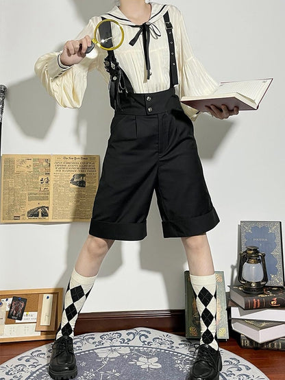 Ouji mit Aprikosen-Langshorts, gerades Bein, modische Schulter + Kragen, Lolita-Outfit-Träger, Matrosenärmel-Shirt – Schwarz