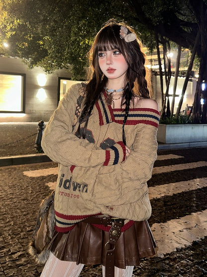 Orange Number Sweater Pattern and V-neck Letter Kawaii