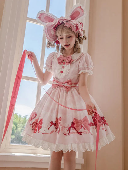 Kurze Schleifen Rosa Stück Ein Süßes Kleid und Ärmel Print Lolita Bunny